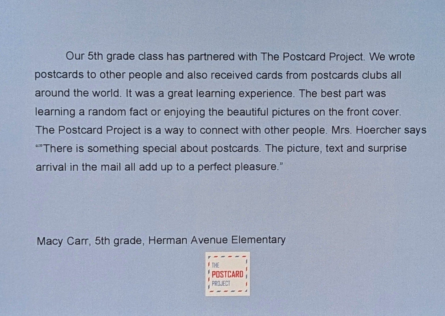 2025-2026 Herman Ave School 5th Grade Pen Pal Project Series
